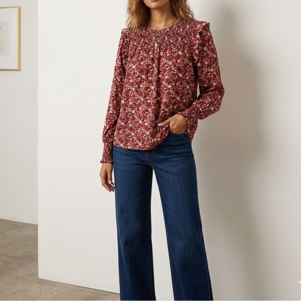 Knox Rose Red Floral Smocked Long-Sleeve Blouse